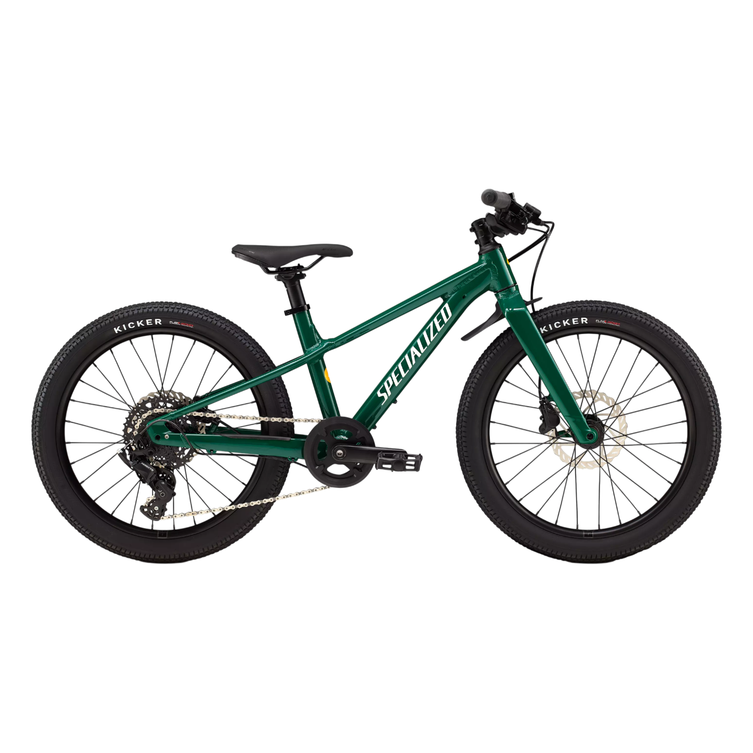 96526-71_RIPROCK-20-PNGRN-DUNEWHT-CALSUN_HERO En grön Specialized-barncykel med ett lutande överrör