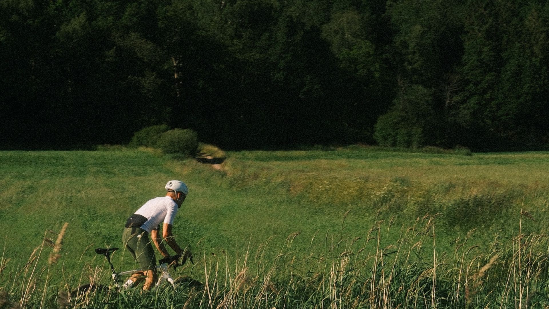 En person som bär hjälm och cykelkläder cyklar på en elcykel genom högt gräs på en grön, öppen äng med en tät skog i bakgrunden.