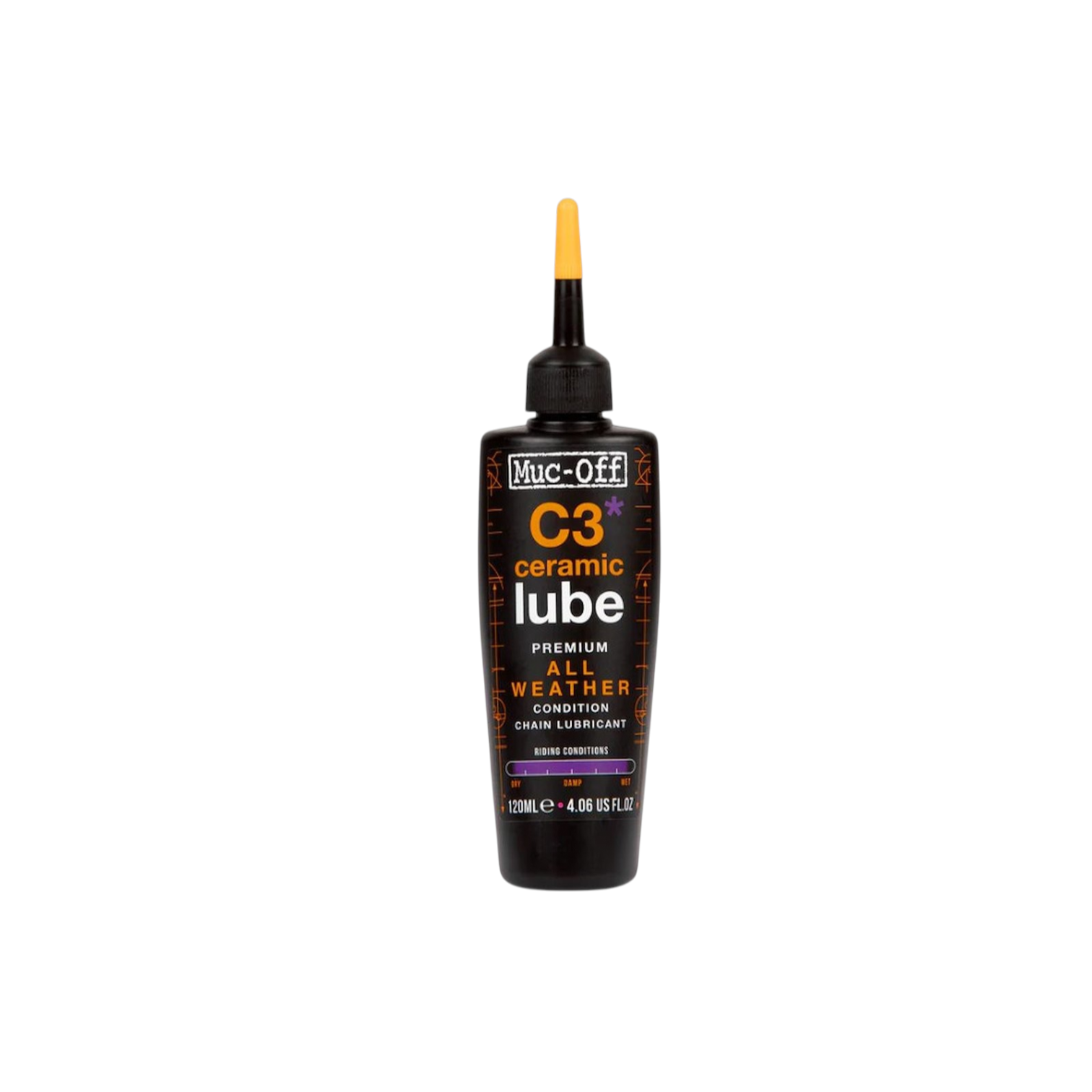 21467 En flaska Kedjeolja Muc-Off All Weather Lube C3 Ceramic – 120 ml (kopia) med svart flaska, gul appliceringsspets och text som anger att den är lämplig för cykelkedjor. Flaskan innehåller 120 ml (4,06 fl oz).