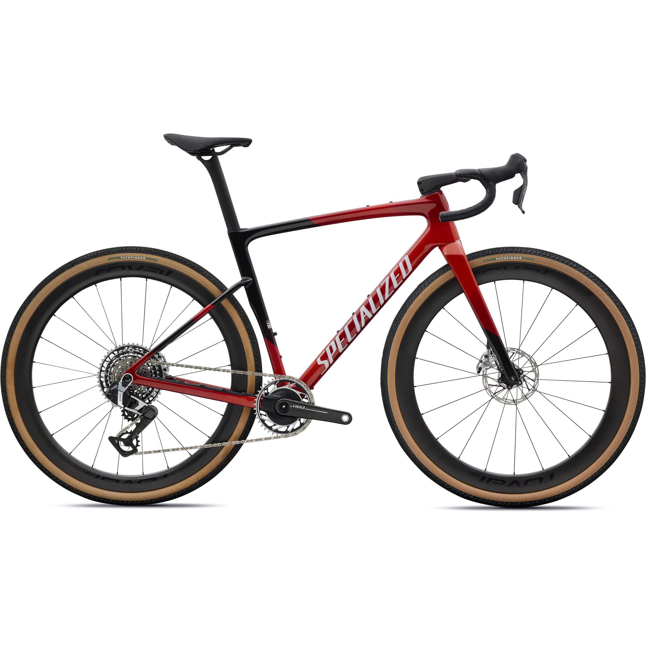 91427-10_CRUX-5-S-LEVEL-AXS-REDPRL-REDWD-BRCH_HERO En röd och svart Specialized-landsvägscykel med drop-styre, däck med beige sidor, hjul med djup profil och en lätt ram. Cykeln är avbildad från sidan mot en vit bakgrund.