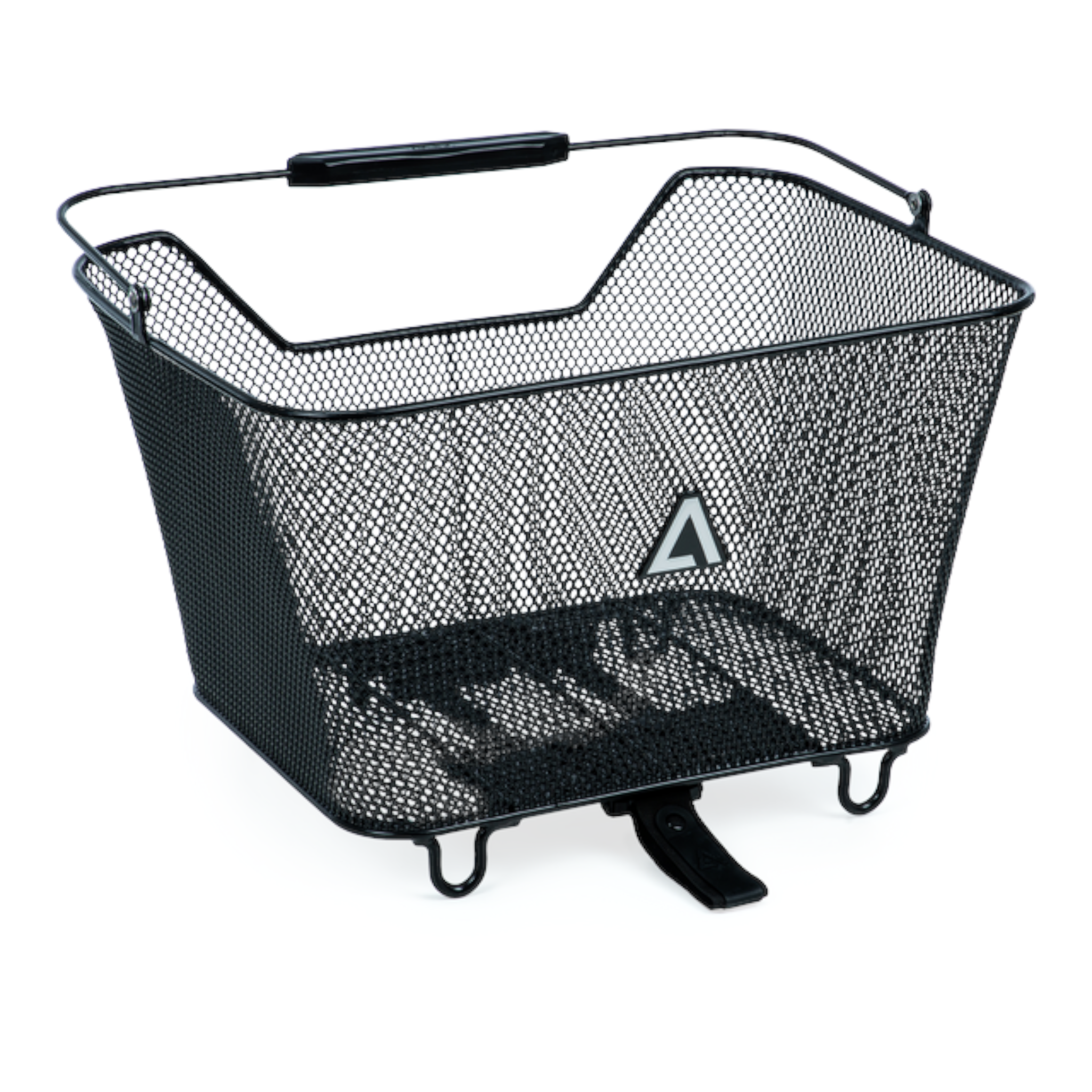93124_F1_00-2 En cykelkorg i svart metallnät, modell ACID Carrier Basket 20 RILink (20 eller 25 liter), med ett handtag på ovansidan, en triangulär reflekterande logotyp på framsidan och en klämma vid botten för fastsättning på en cykel. Korgen är tom och placerad mot en vit bakgrund.