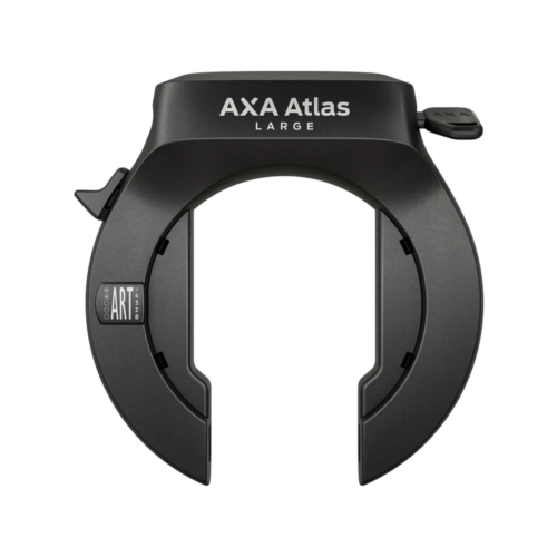 Svart Ramlås AXA Atlas – ett stort, hästskoformat cykelramlås med insticksfunktion och en säkerhetsmärkning enligt ART-klassificeringen.