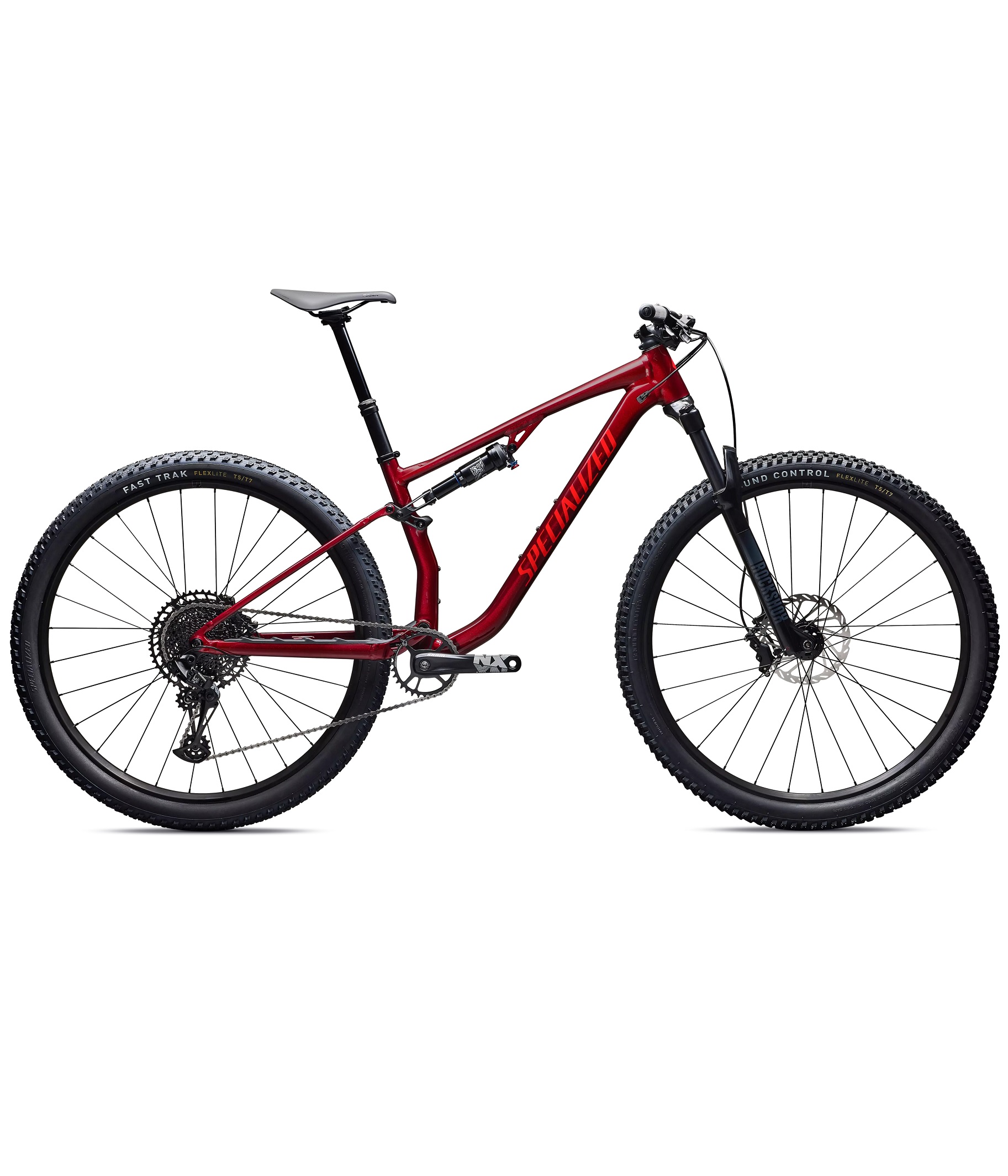 CHISEL-BASE-REDSKY-FLORED En röd 29-tums MTB-cykel av modellen Specialized Chisel 1x12s med helfjädring