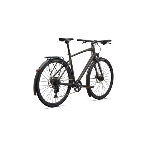 En svart Specialized Sirrus X 3.0 EQ Sport/Hybrid-cykel är placerad mot en vit bakgrund och avbildad i bakifrånperspektiv från höger, med drop-styre, stänkskärmar, ett bakre pakethållare och skivbromsar.