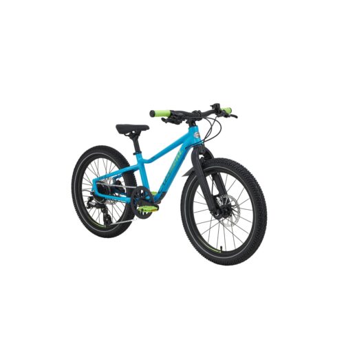 En blå Crescent Niak 20″ barncykel med tjocka däck, rakt styre och gröna styrehandtag visas mot en vit bakgrund.