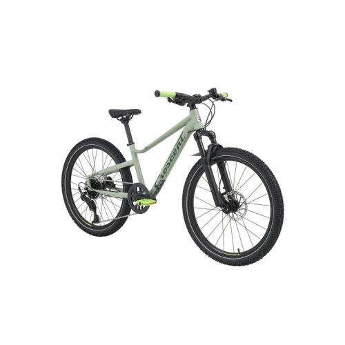 En ljusgrön Crescent Niak 24″ Barncykel 1x9s med svarta däck, svart sadel och gröna handtag visas i en vinkel mot en vit bakgrund. Cykeln har framfjädring och ett 9-växlat växelsystem.