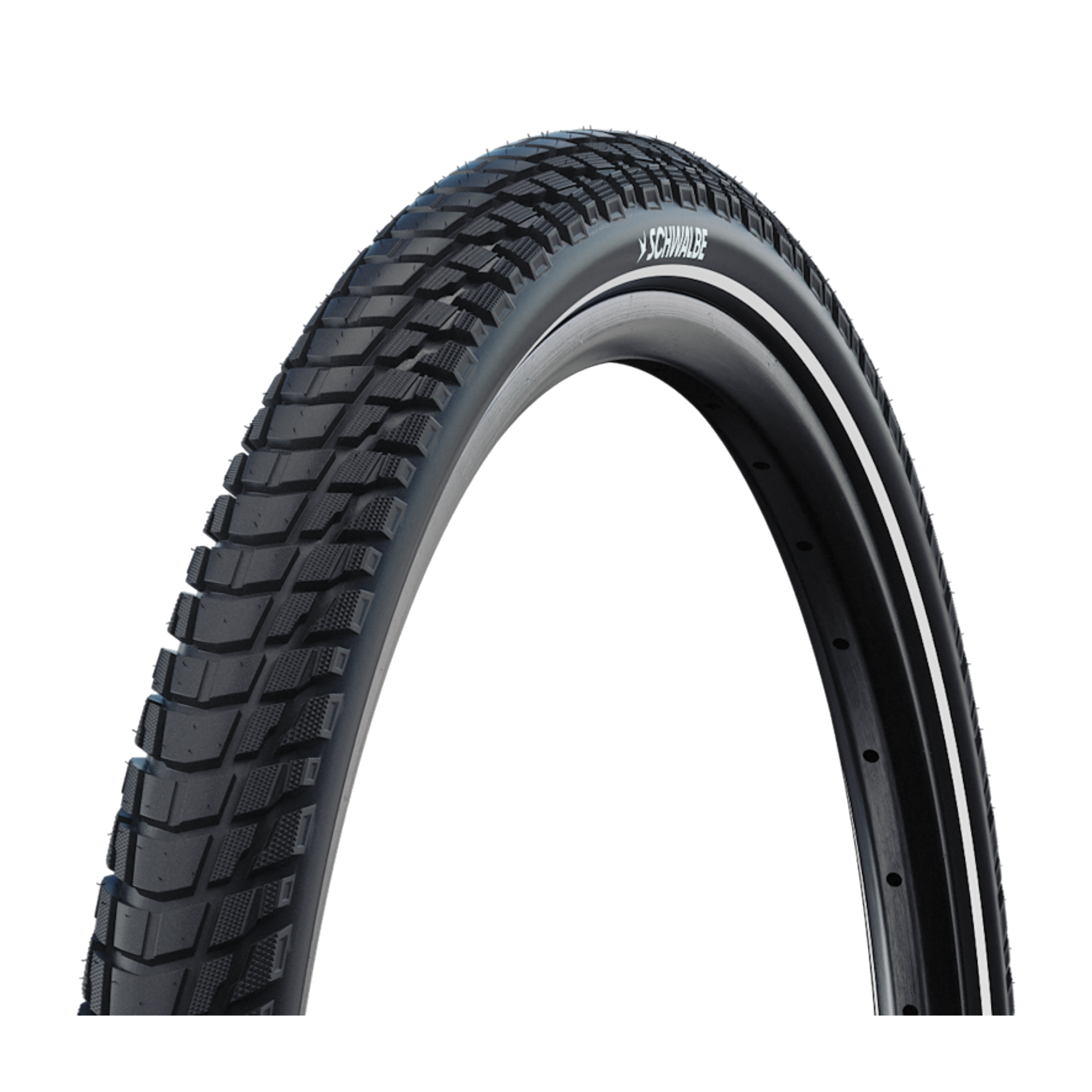 11159363.01-2 Svart standarddäck Schwalbe Marathon Plus Tour 28″ – 37-622, ett cykeldäck med ett djupt, blockformat mönster och en reflekterande rand på sidoväggen.