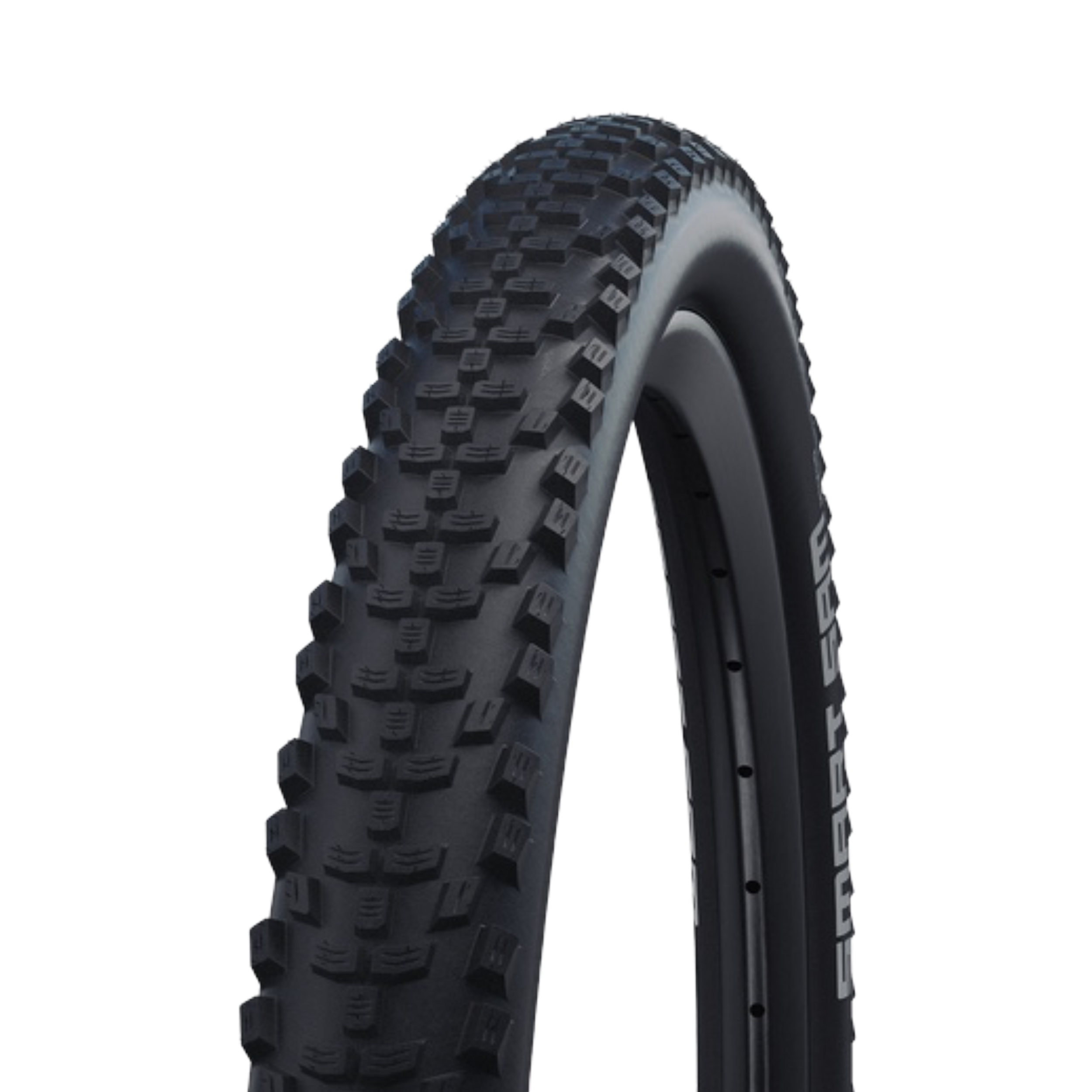 91692_F1_00-2 MTB-däcket Schwalbe Smart Sam TLE 27,5 x 2,35″ svart, monterat på en fälg med ett tätt, knubbigt mönster.