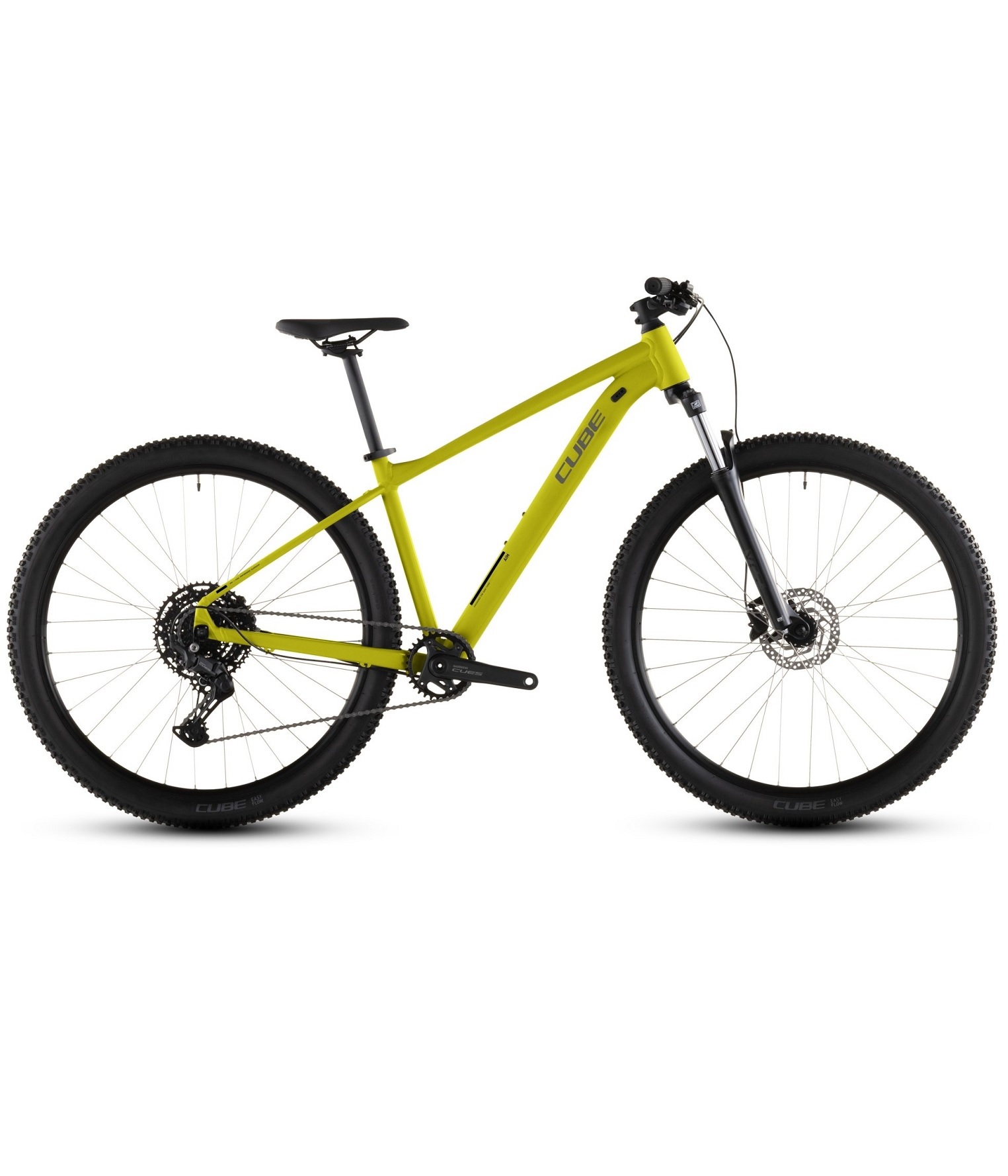 Aim-Pro-Lizard Lime-grön MTB 27,5 Cube Aim PRO, Shimano Cues 1x10 – en grön mountainbike med grovmönstrade däck, framfjädring och en 1x-drivlina.