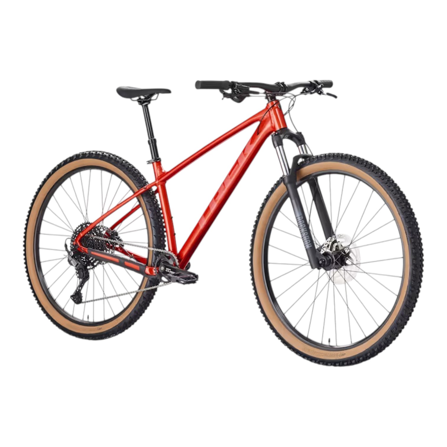 Marlin 6 röd Röd MTB 27,5″ Trek Marlin 6 Gen 3, 1x10s terrängcykel med grovmönstrade däck och beige sidoväggar.