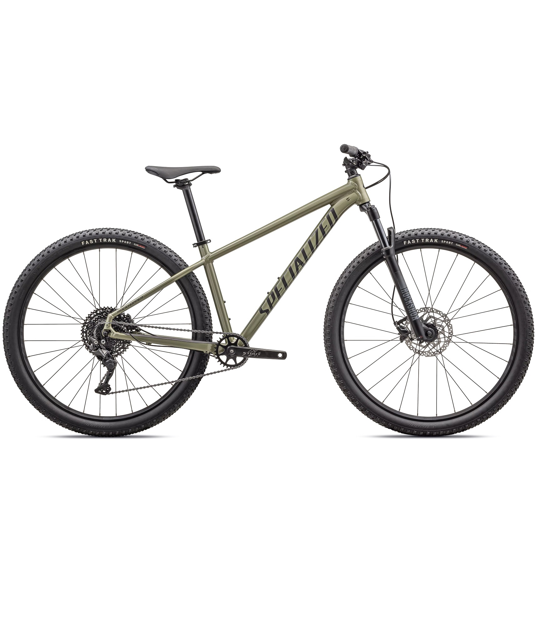 ROCKHOPPER-COMP-KH-METSPR En olivgrön Specialized Rockhopper Comp 29″ terrängcykel med grovmönstrade däck, framfjädring och skivbromsar.