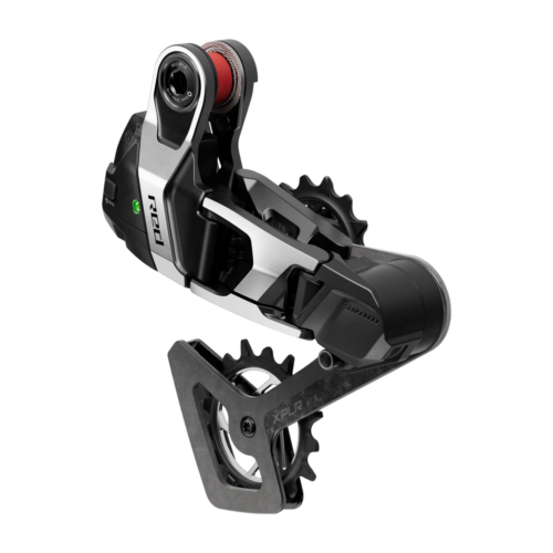 Bakväxel Sram Red AXS XPLR E1, elektronisk 13-speed-bakväxel för cykel med remskivhus i kolfiber och detaljer i silvermetallic.