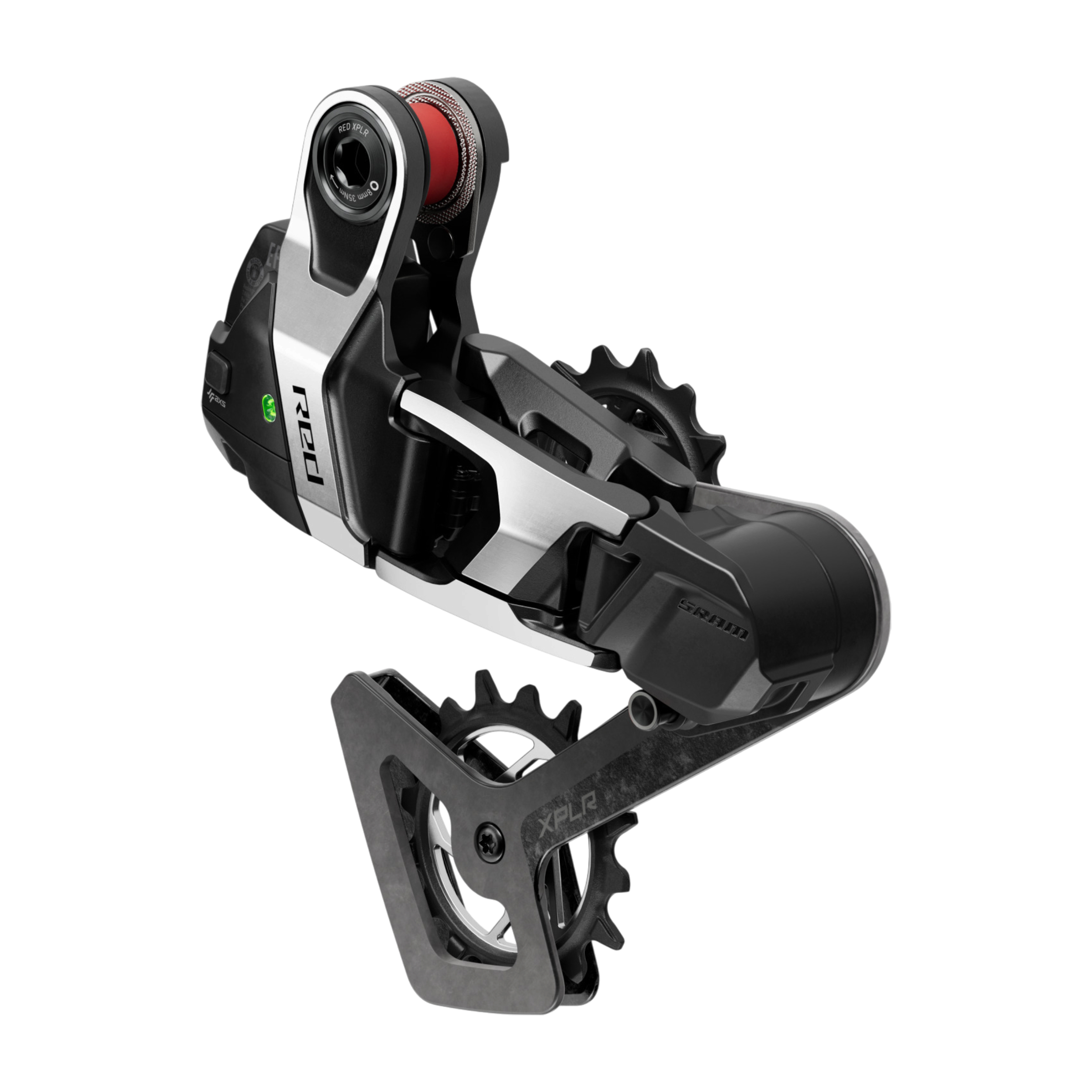 Sram Bakväxel Red AXS XPLR E1 2 Bakväxel Sram Red AXS XPLR E1, elektronisk 13-speed-bakväxel för cykel med remskivhus i kolfiber och detaljer i silvermetallic.