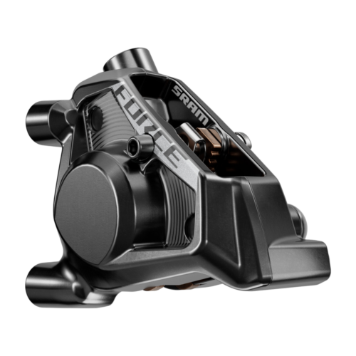 En svart SRAM Force AXS E1 Disc, 12/13-delad skivbromsok för cykel.