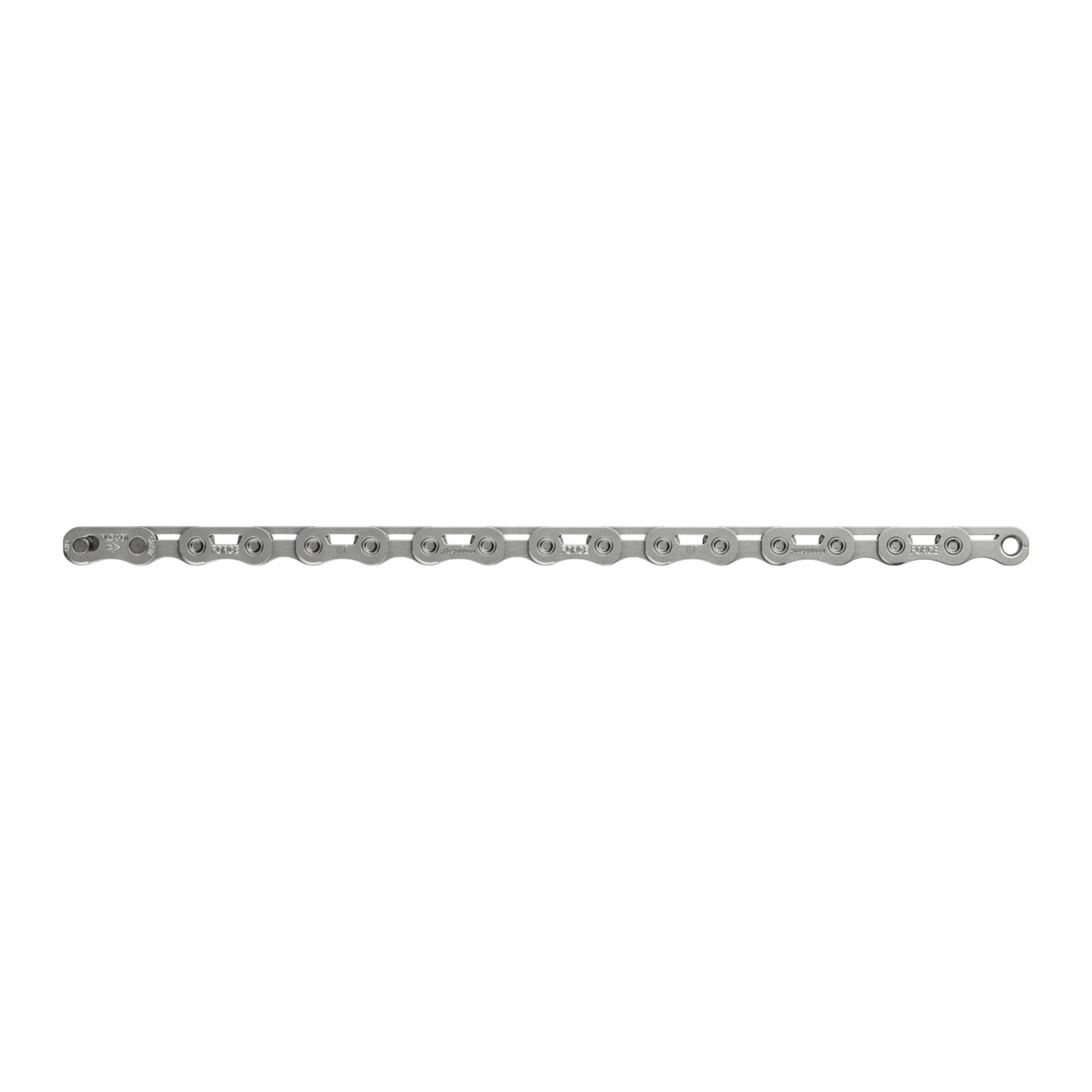 Sram Kedja Force AXS E1 Flattop 2 En bit av en silverfärgad Kedja SRAM Force E1 Flattop-cykelkedja, 12/13-delad, med platta länkar.