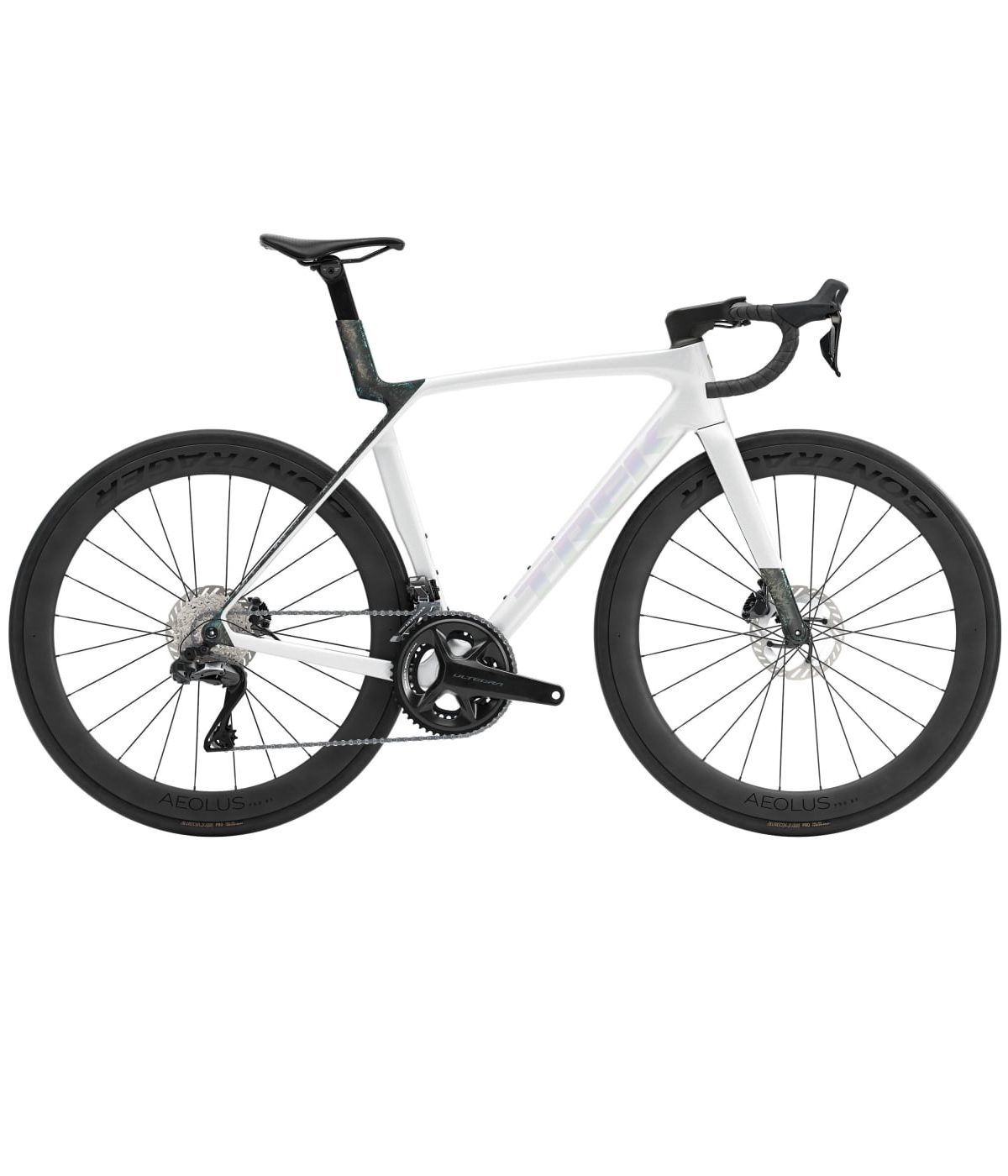 Trek-Madone-SL7-Gen8-vit Vit Racer Trek Madone SLR 7 Gen 8, Ultegra Di2 – 2x12s (kopia) landsvägscykel med djupa kolfiberhjul, drop-styre och en 2x12-växlad drivlina.