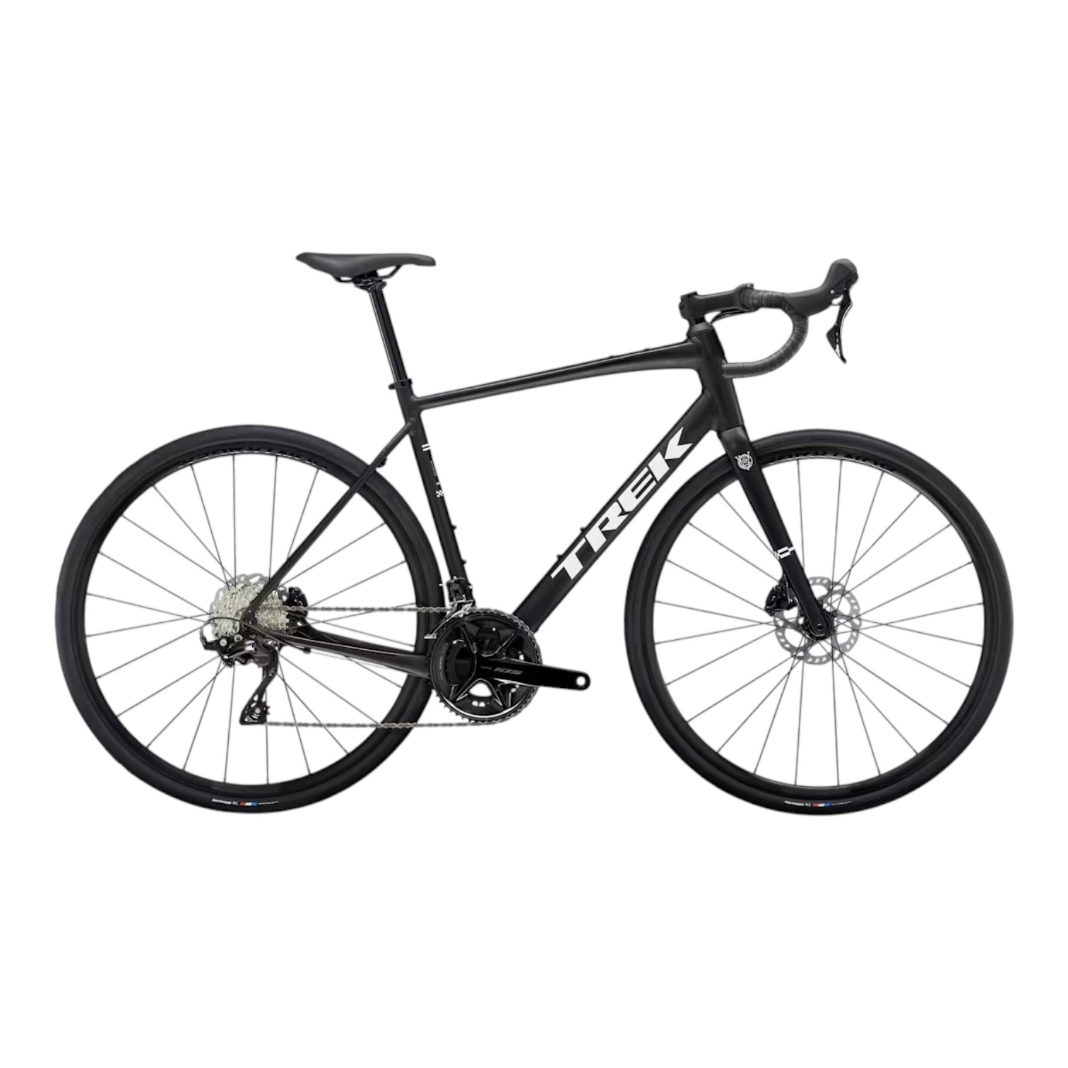 domane al 5 svart Racer Trek Domane AL 5 Gen 4 i matt svart, Shimano 105 – 2x12-växlad landsvägscykel med drop-styre och skivbromsar.