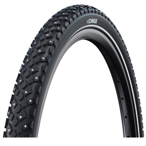 Dubbdäck Schwalbe Marathon Winter Plus 42–622 mm, 240 dubb – cykeldäck med ett djupt, dubbförsett slitbanemönster och en reflekterande rand på sidoväggen.