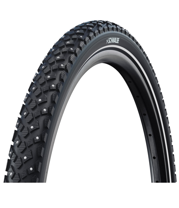 marathon-plus-spike-reflex-42-622 Dubbdäck Schwalbe Marathon Winter Plus 42–622 mm, 240 dubb – cykeldäck med ett djupt, dubbförsett slitbanemönster och en reflekterande rand på sidoväggen.