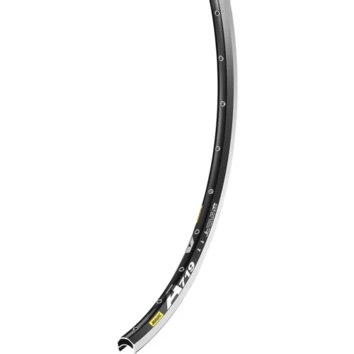 En böjd 28-tums cykelfälg av modellen Fälg 28″ Mavic A719, Disc – 622x19c, 32h, med detaljer i svart och silver.