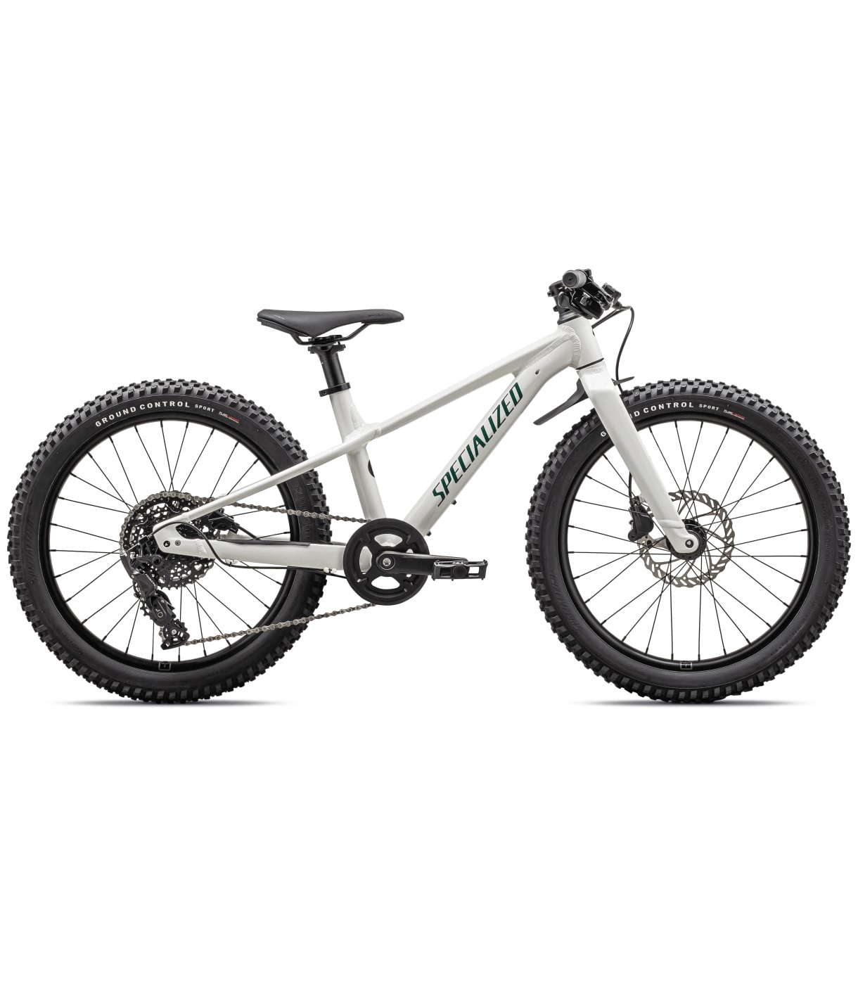 specialized-riprock-20 Vit och grön Specialized Riprock 20″ terrängcykel med däck med grovt mönster, skivbromsar och en enda framväxel.