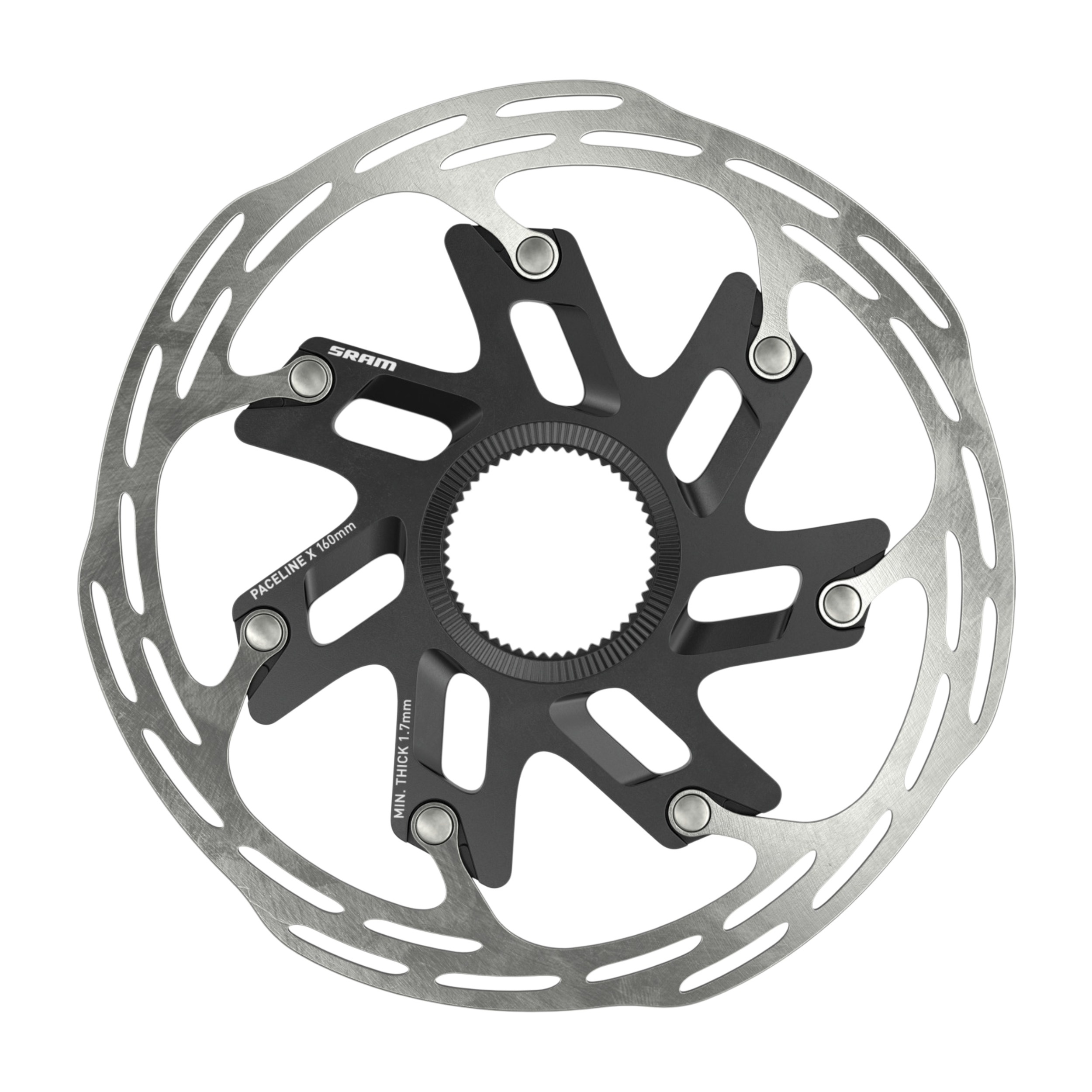 sram-bremsscheibe-paceline-x Bromsskiva Sram Paceline X, Centerlock-bromsskiva för cykel med en silverfärgad ytterring och ett svart nav.