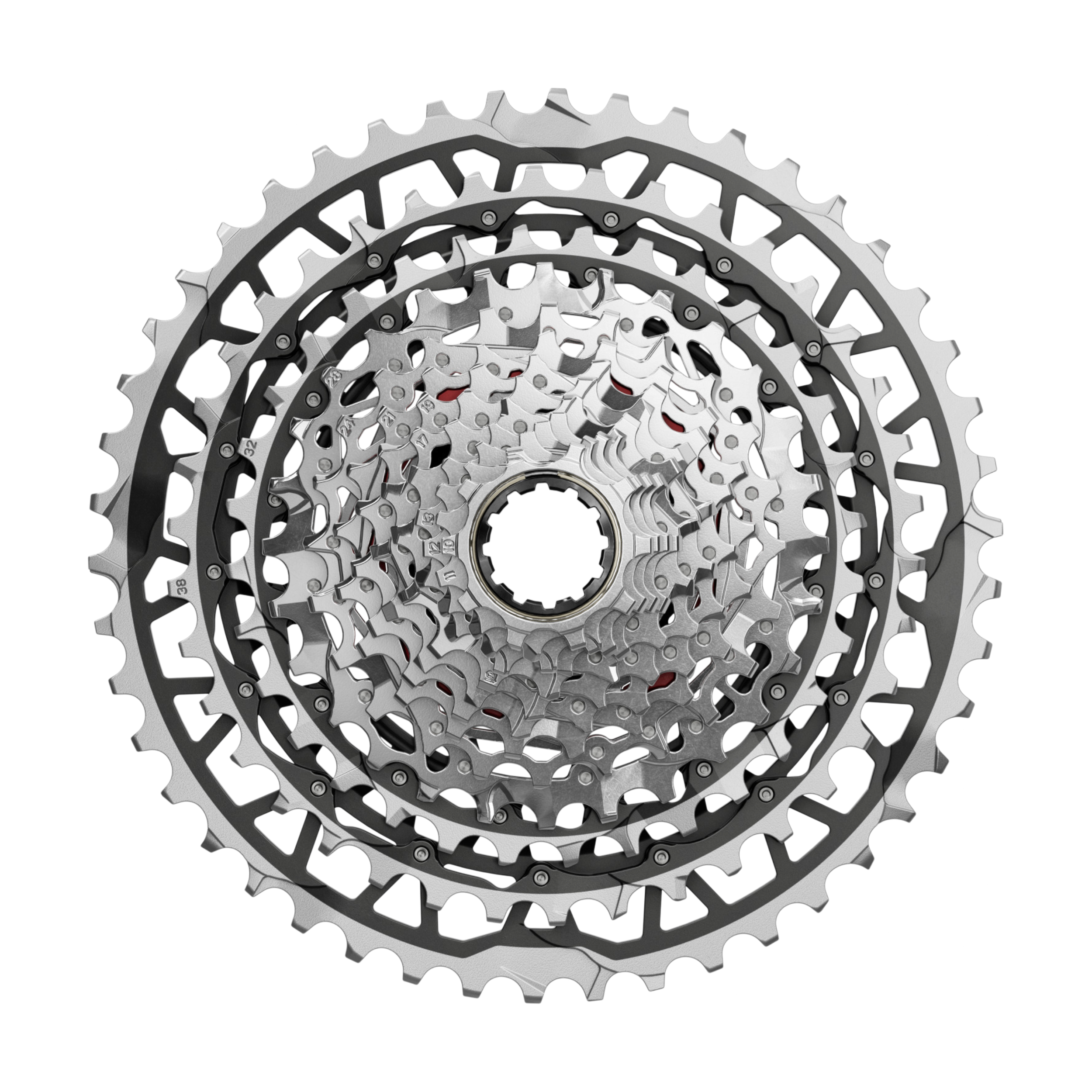 sram-kassette-xg-1371-xplr_1 En Kassett Sram Force XG-1371 XPLR, 13-delad 10-46T cykelkassett med tretton metallkugghjul i olika storlekar, placerade i en cirkulär stapel.