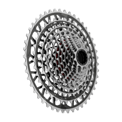 En silverfärgad Kassett Sram Force XG-1371 XPLR, 13s – 10-46T, trettonväxlad cykelkassett.