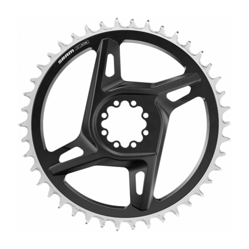 Ett svart Framdrev Sram RED / Force E1 1X X-Sync Direkt monterat, 1x12/13-tandat kedjedrev med fyrarmad direktmontering och silverfärgade tänder.