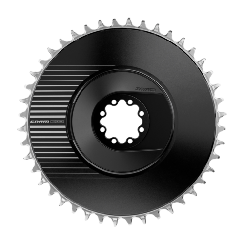 Svart Framdrev Sram RED / Force E1 1X X-Sync Direktmonterat, 1x12/13-tandat direktmonterat kedjehjul med silverfärgade tänder, randig grafik och en 44T-markering.