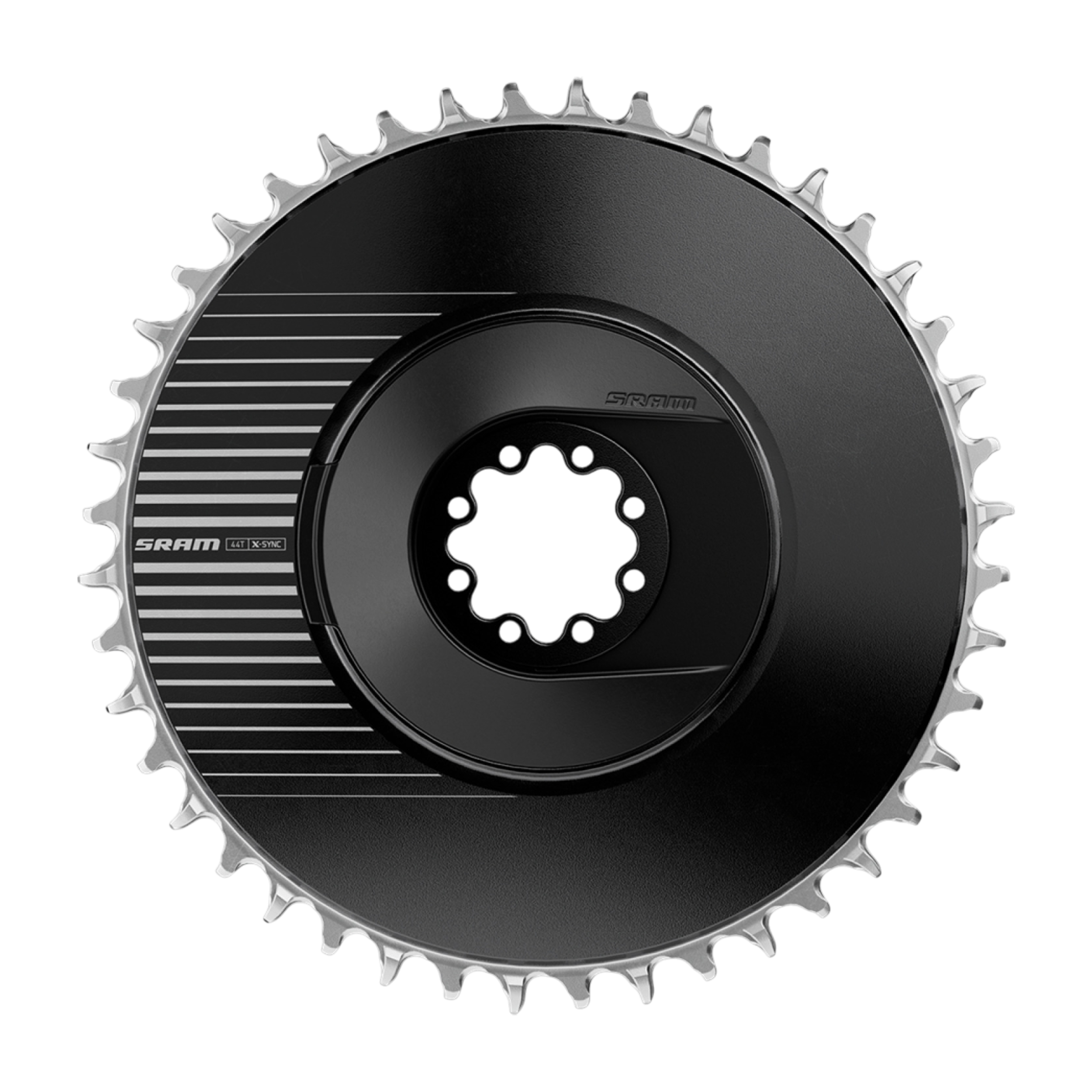 sram-kettenblatt-road-red-axs-my25-1x_2 Svart Framdrev Sram RED / Force E1 1X X-Sync Direktmonterat, 1x12/13-tandat direktmonterat kedjehjul med silverfärgade tänder, randig grafik och en 44T-markering.