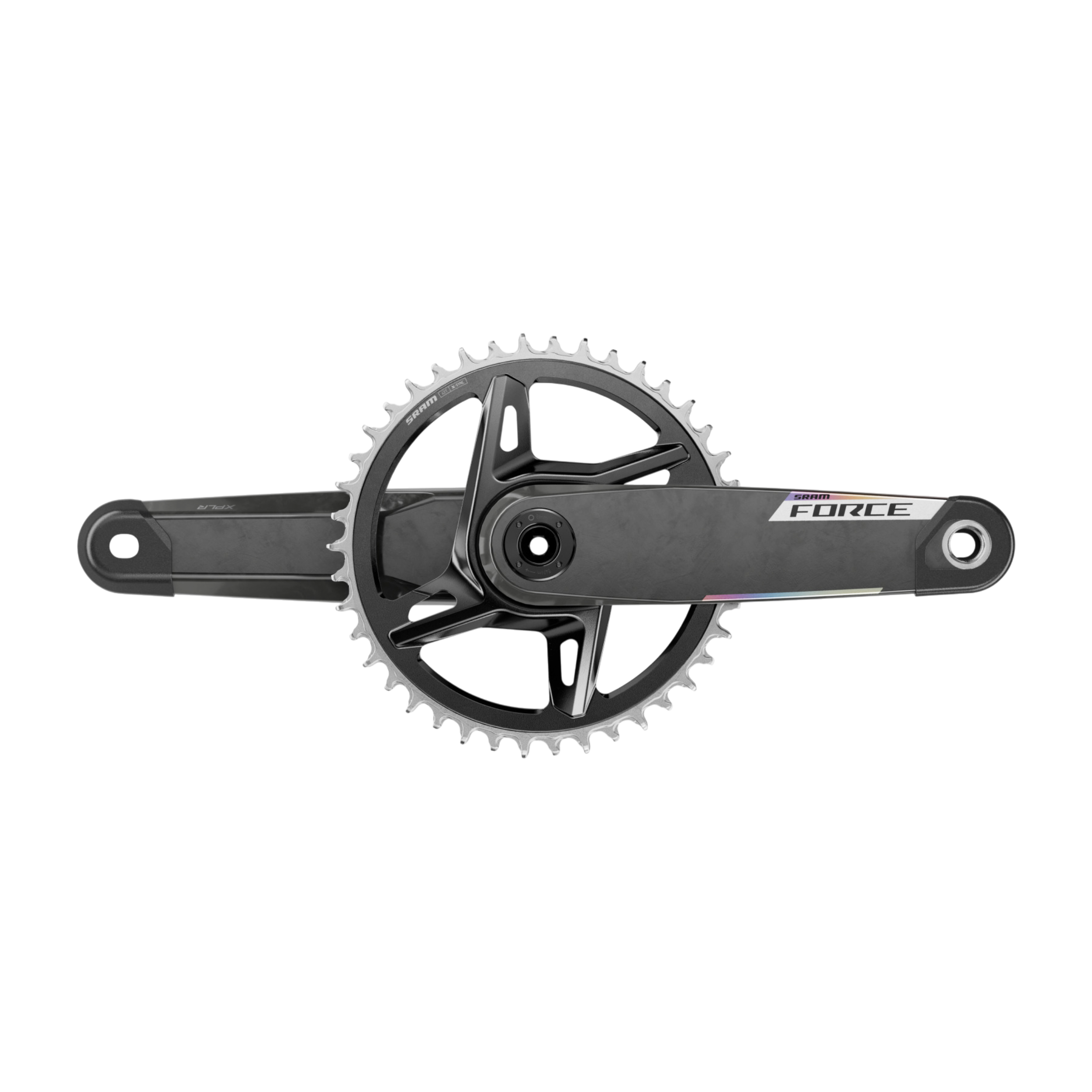 sram-kurbelgarnitur-force-xplr-e1 En sidovy av ett Vevparti Sram Force XPLR E1, 1x13s vevsats för cykel med ett enda kedjehjul.