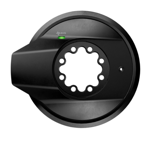 Svart effektmätare SRAM Force AXS E1 för landsvägscyklar, med gängad montering, ett cirkulärt fästmönster med tio bultar och en liten grön indikatorlampa.