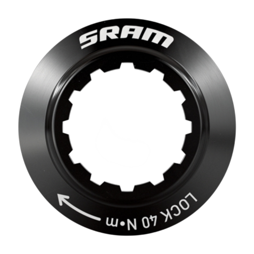 Svart låsring Centerlock Shimano HB-M618 – Yttretandning (kopia) låsring för skivbromsrotor, med vit ”SRAM”-logotyp och texten ”LOCK 40 N•m” samt en pil.