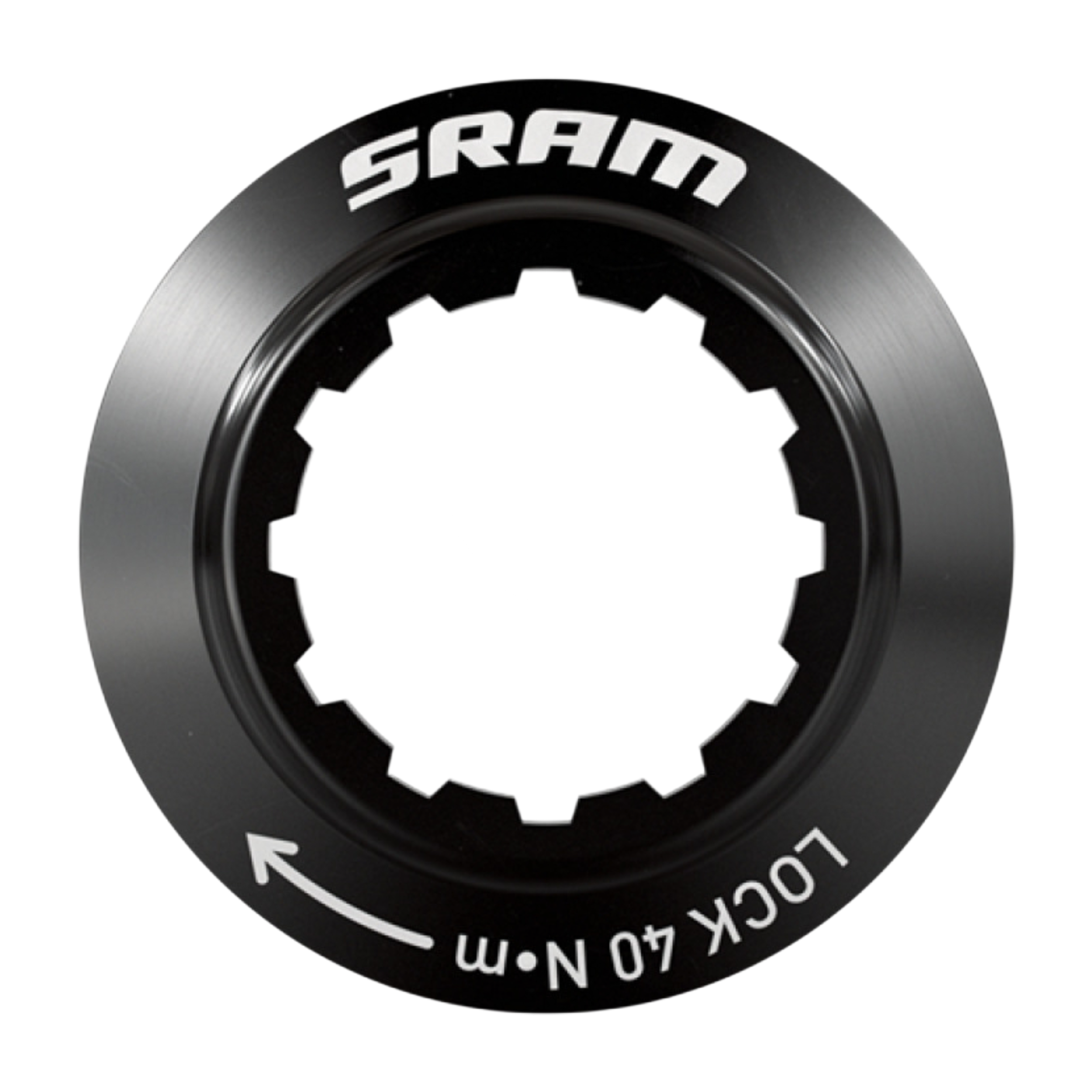 sram-sram-lockring-centerlock-23-mm-qty1 Svart låsring Centerlock Shimano HB-M618 – Yttretandning (kopia) låsring för skivbromsrotor, med vit ”SRAM”-logotyp och texten ”LOCK 40 N•m” samt en pil.
